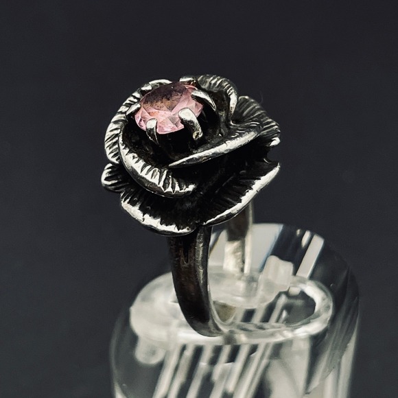 Vintage Sterling Silver Rose Flower Ring Pink Gemstone Size 4 Floral Jewelry - Picture 6 of 9